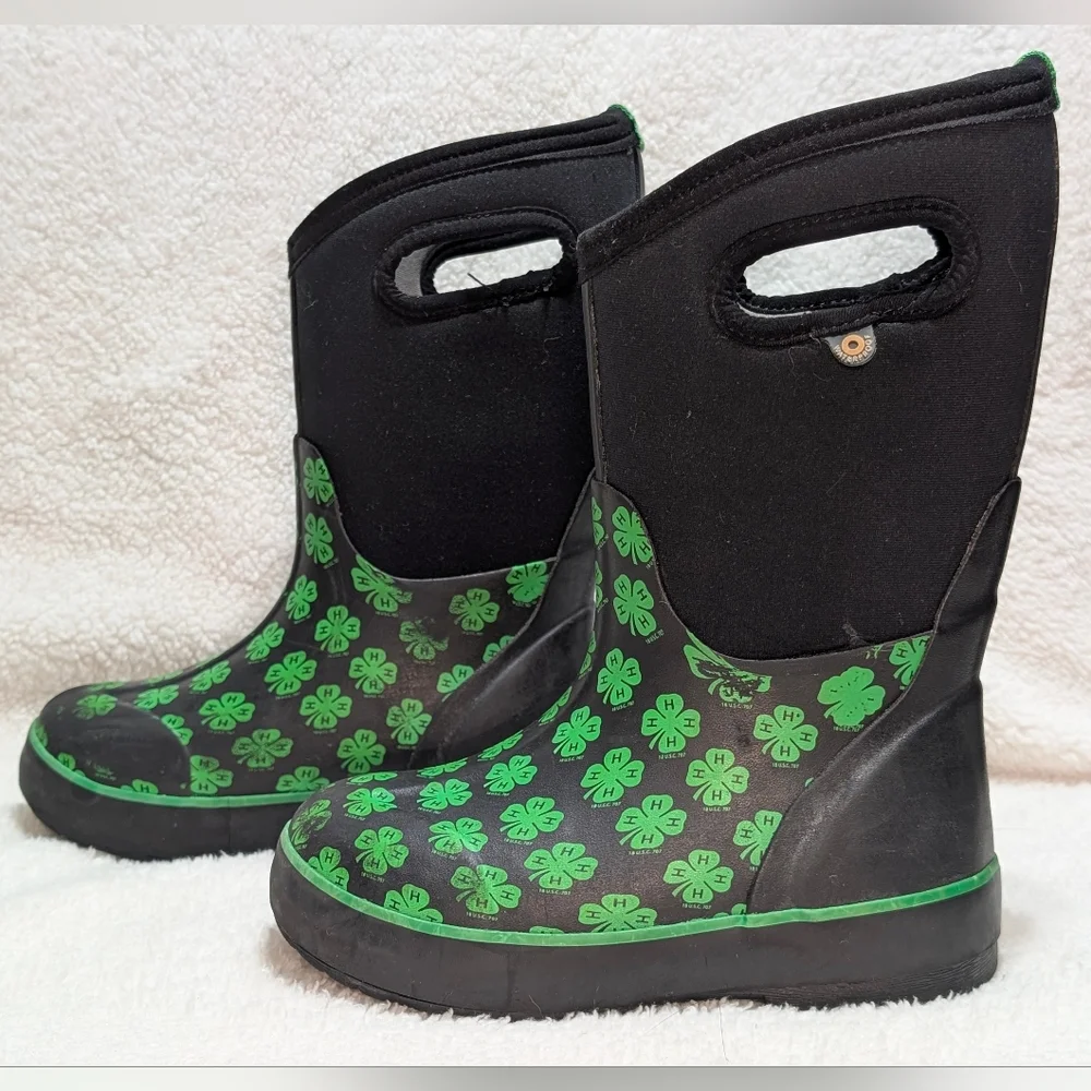 Bogs Kids Sz 13 Classic II Handle 4H Neoprene Rain Snow Boots Clover Black Green